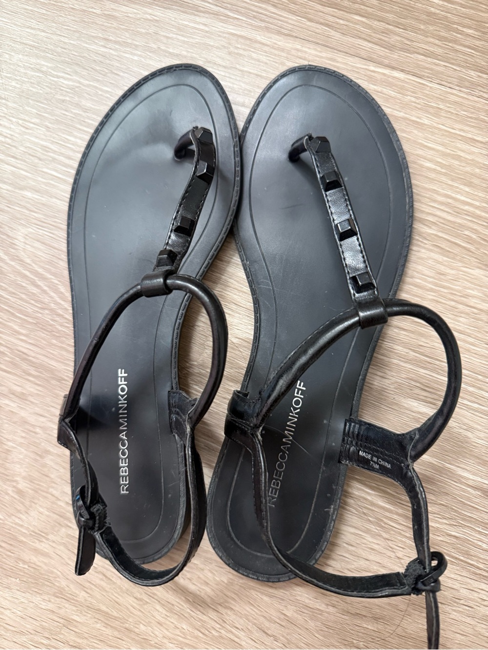 Rebecca Minkoff Black Leather T-Strap Sandals